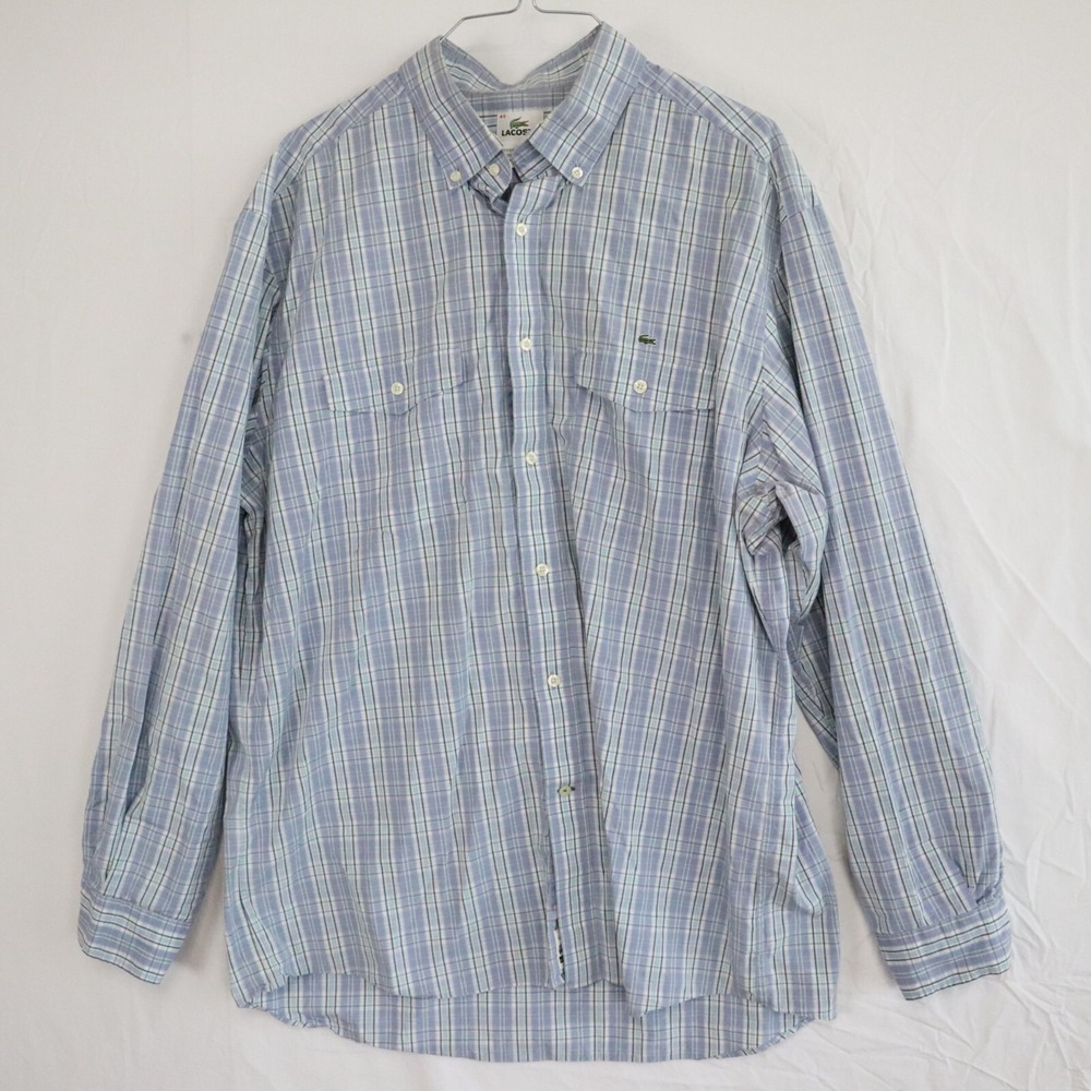 Lacoste Shirt Mens 44 Casual Flap Pocket Button‎ Down Blue Plaid Long Sleeve